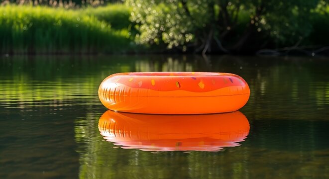 Inflatable donut floats on calm water with green trees in background.