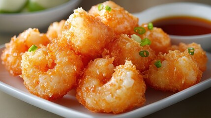 Crispy fried shrimp appetizer with dipping sauce and scallion garnish, studio shot