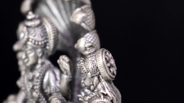 Silver Idol of Lord Vishnu in Vaikuntha with Goddess Lakshmi &ndash; Sacred Hindu Deities Depicted in Divine Celestial Abode, Symbol of Prosperity, Preservation, and Spiritual Harmony