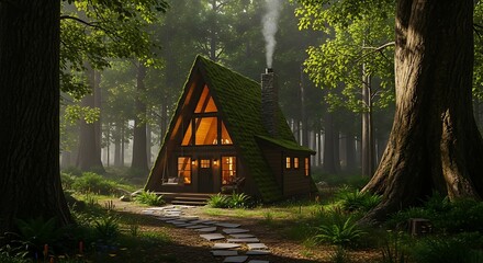 Cozy triangular cabin nestled amongst tall trees with a smoking chimney.