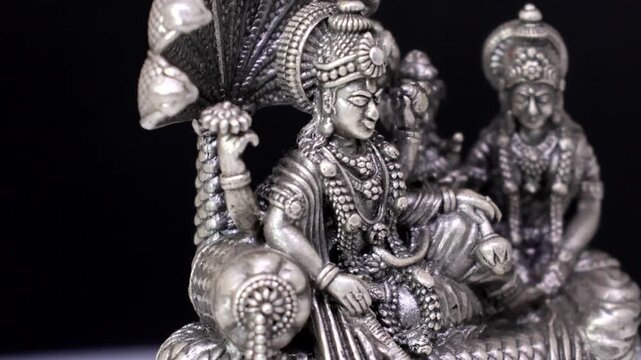 Silver Idol of Lord Vishnu in Vaikuntha with Goddess Lakshmi &ndash; Sacred Hindu Deities Depicted in Divine Celestial Abode, Symbol of Prosperity, Preservation, and Spiritual Harmony