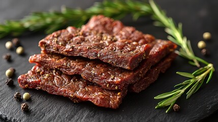 Stacked, seasoned jerky on a slate board with herbs and peppercorns