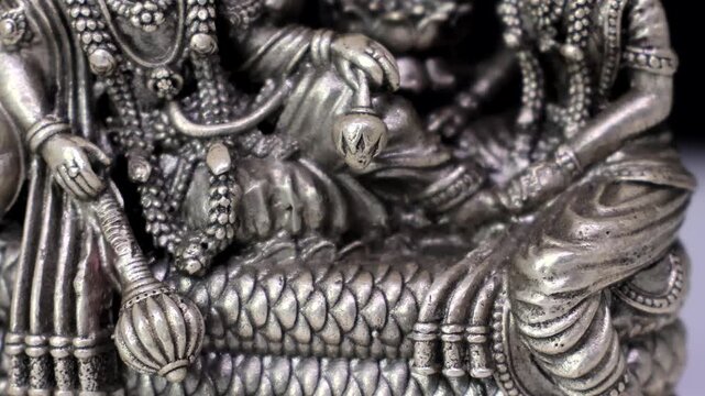 Silver Idol of Lord Vishnu in Vaikuntha with Goddess Lakshmi &ndash; Sacred Hindu Deities Depicted in Divine Celestial Abode, Symbol of Prosperity, Preservation, and Spiritual Harmony