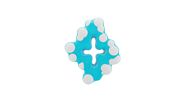 Abstract blue shape with white circles and a cross cutout on transparent background - Powered by Adobe