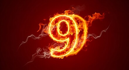Fiery number nine burns with smoke and flames.