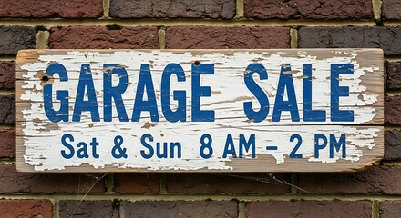 Rustic sign announces weekend garage sale hours.