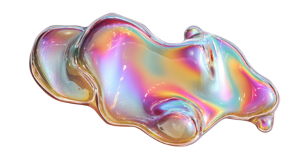 Iridescent holographic liquid blob on transparent background creating an abstract rainbow fluid effect