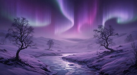 A wintry landscape under a vibrant aurora borealis. Bare trees frame a frozen stream winding through snowy hills