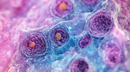 Close-up, vibrant illustration of cellular structures, showcasing intricate details and color gradients