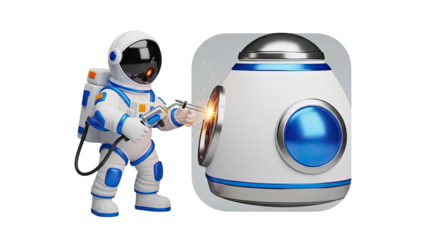 Astronaut welding a spacecraft on transparent background