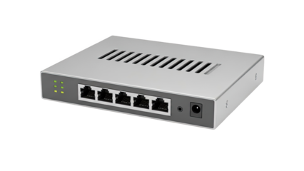 Network Switch with 5 Ports and LED Indicators on transparent background