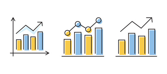 Analytics icon set with color fills and black outlines, featuring charts, graphs, and data analysis symbols for business intelligence and reporting.