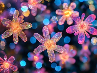 Colorful Glittered Flower Decorations with Bright Bokeh Background