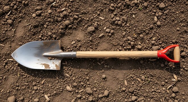A metal shovel with a wooden handle lies on dark, cloddy soil.