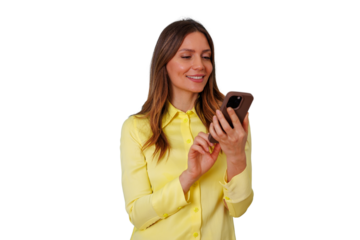 Woman smiling and tapping smartphone screen, interacting with app and messaging, isolated on white background for marketing use