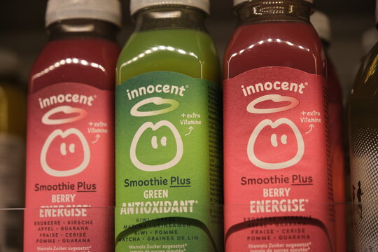 Brienz,Switzerland-Oct.1st 2025: Innocent brand smoothies on a store shelf