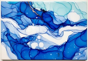Swirling blue and turquoise alcohol ink creates organic, flowing abstract patterns.