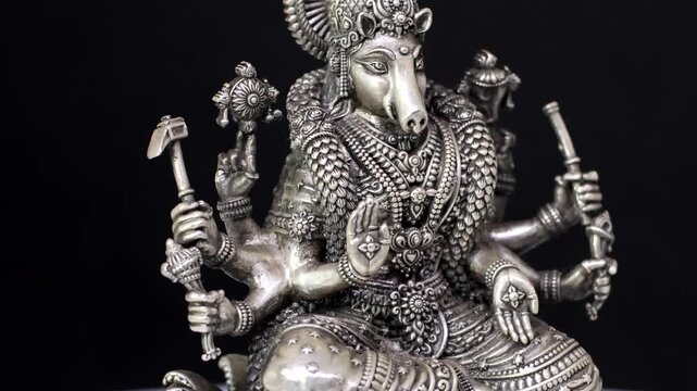 Silver Idol of Varaha Devi &ndash; Sacred Hindu Deity Sculpture Depicting Divine Power, Protection, and Spiritual Significance in Traditional Indian Religious Art