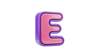 3D letter E with pink and purple shiny surfaces on transparent background