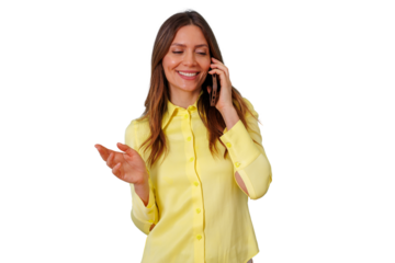 Woman smiling and talking on smartphone, communicating and discussing with hand gesture on transparent background