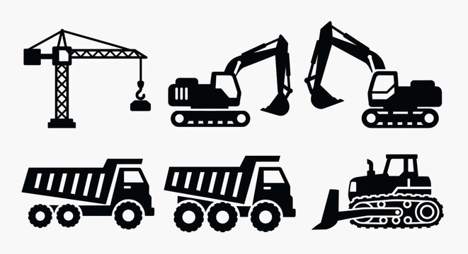 Essential Construction Machinery Icons Collection with Crane, Excavators, Dump Trucks, and Dozers