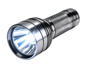 A bright, metallic flashlight illuminates against a stark black background, showcasing its design