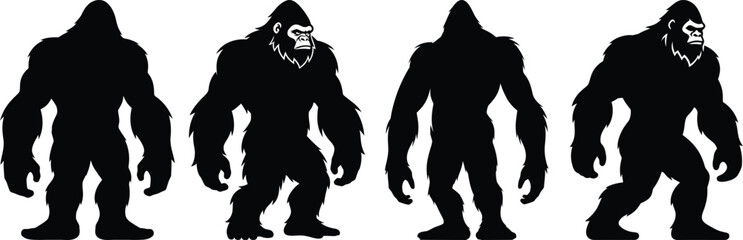 Fototapeta premium Four black silhouettes of gorilla creatures isolated on transparent background