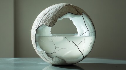 Cracked Eggshell with White Interior and Liquid Filling on Gray Surface in Minimalist Style