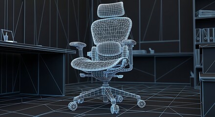 A wireframe depiction of an ergonomic office chair in a stylized workspace. A desk, laptop, and shelves are also visible
