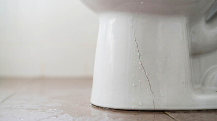 Cracked toilet tank leaking water in bathroom plumbing emergency repair maintenance house damage accident flood insurance claim professional plumber background
