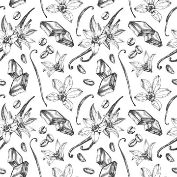 Coffee beans, vanilla and chocolate slice vector illustration hand-drawn in ink. A pattern featuring illustrations of sweet flavors. A template for dessert label design. Vector illustration