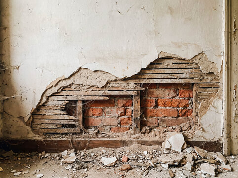 Damaged wall with broken plaster revealing red brick and wooden lath house renovation maintenance structural failure ruins debris insurance claim home repair leak moisture construction background