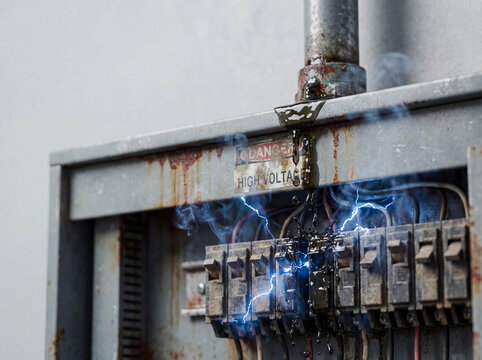 Water leaking into electrical panel breaker box danger house maintenance problem repair emergency accident fire hazard insurance claim home safety background
