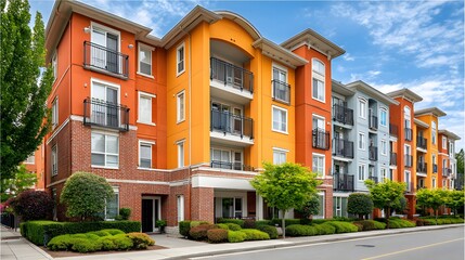 Exterior view of a modern colorful apartment complex on a sunny day with orange and brick facades, manicured landscaping and a clear blue sky.