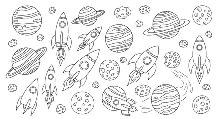 Space exploration vector doodle set with rockets, planets, moons, and asteroids in a simple black and white outline style, ideal for children's designs.