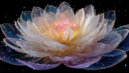 Translucent flower with glowing center, sparkles, dark background