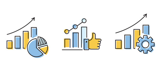 Analytics icon set with color fills and black outlines, featuring charts, graphs, and data analysis symbols for business intelligence and reporting.