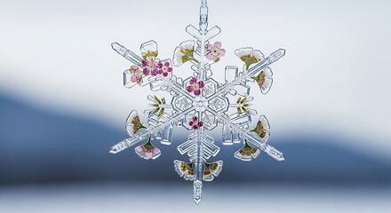 Intricate snowflake features delicate floral embellishments against a soft blue background.