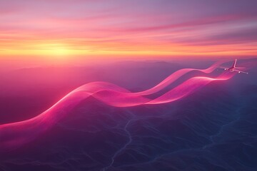 Futuristic Digital Landscape with Pink Wave and Aircraft at Sunset