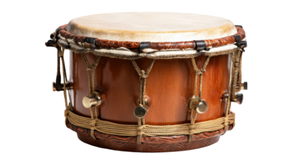 Traditional wood drum with leather skin creating percussive rhythm, isolated with transparent background