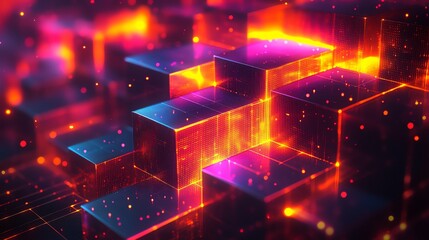 Futuristic Digital Blocks with Neon Glow in Bright Orange Pink and Blue Colors