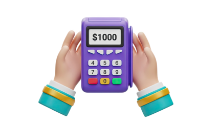 Payment Terminal with $1000 Display and Cartoon Hands on transparent background