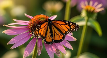 Naklejka premium Orange butterfly rests on a vibrant purple coneflower.