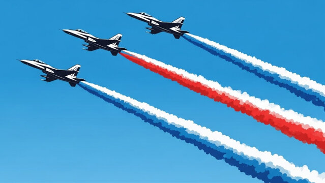 Four fighter jets performing an aerial display leaving trails of red white and blue smoke against a clear blue sky symbolizing patriotism and precision