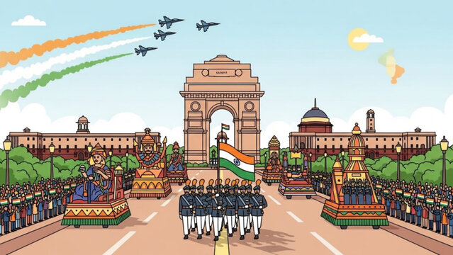 Indian Republic Day parade with floats soldiers and fighter jets flying the national flag colors over India Gate a patriotic celebration