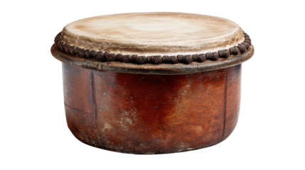 Hand drum displaying a wooden body and leather skin, representing traditional music, culture, and rhythm, with a transparent background