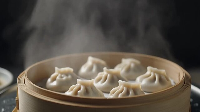 Steaming hot dumplings in a bamboo steamer