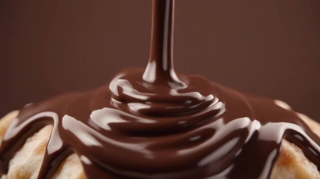 Rich chocolate sauce pouring over a stack of fluffy pancakes