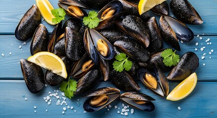 Fresh mussels with lemon and herbs on a blue wooden background.