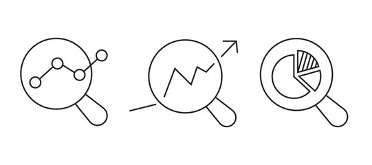Minimal line analytics icon set with charts, graphs, gears, and data analysis symbols, representing business intelligence, performance tracking, and reporting. analytic icons.